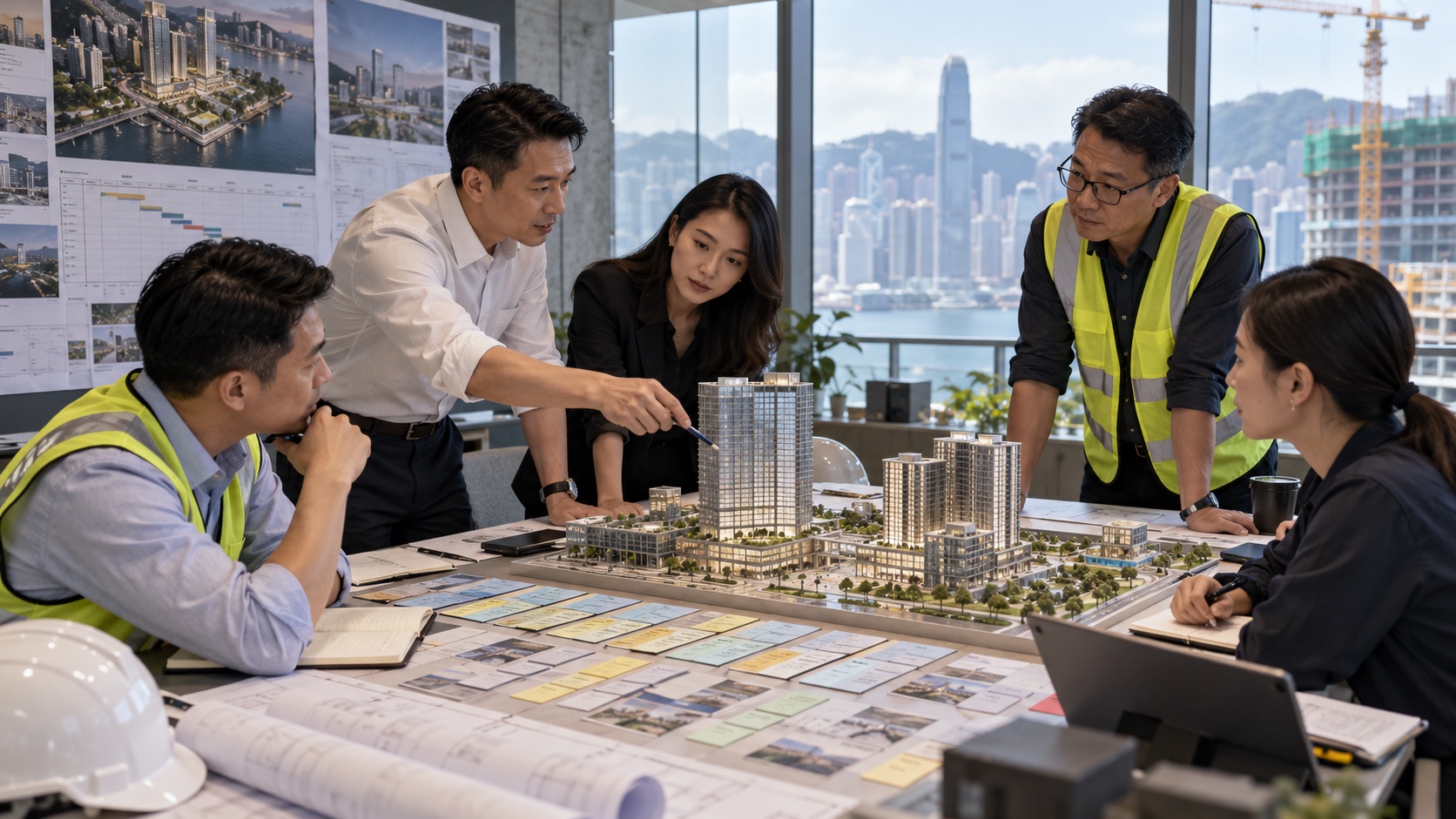 Asian project team coordinating a phased commercial construction programme