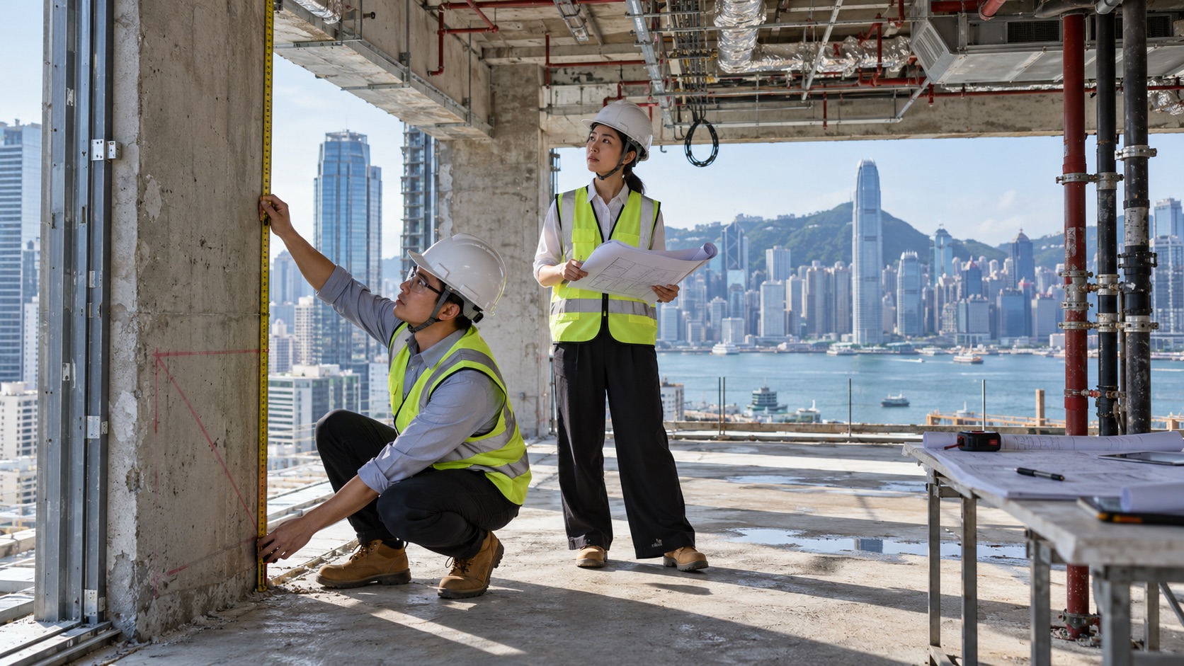 Asian architects conducting an early feasibility survey at a Hong Kong commercial property