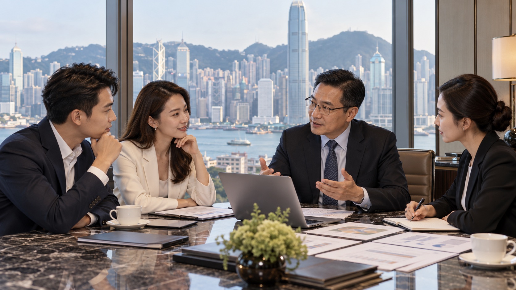 Asian franchise partners discussing support responsibilities and agreement terms