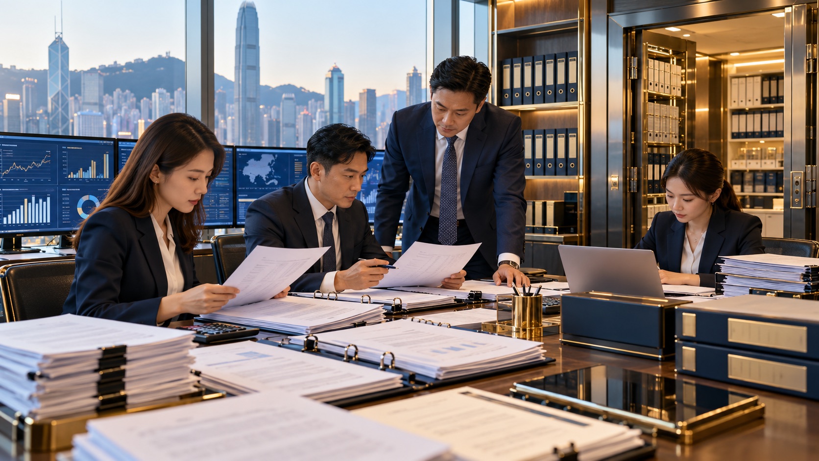 Asian finance team reviewing audited records and cash-flow dashboards