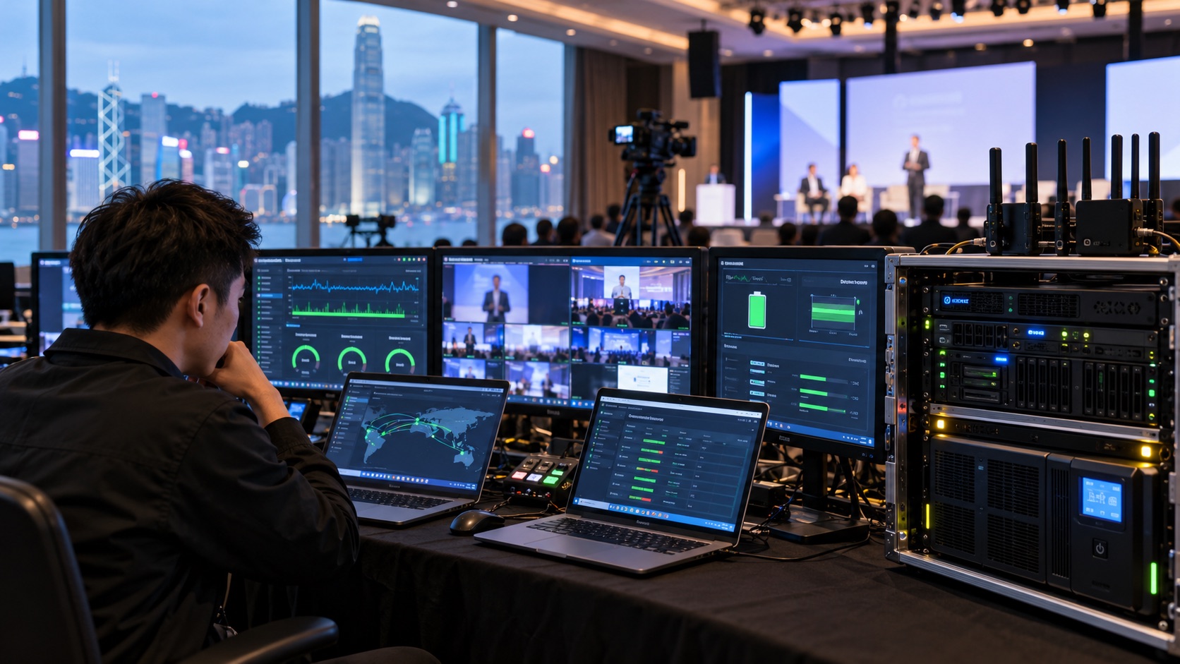 Asian broadcast engineer monitoring backup connectivity power and recording systems