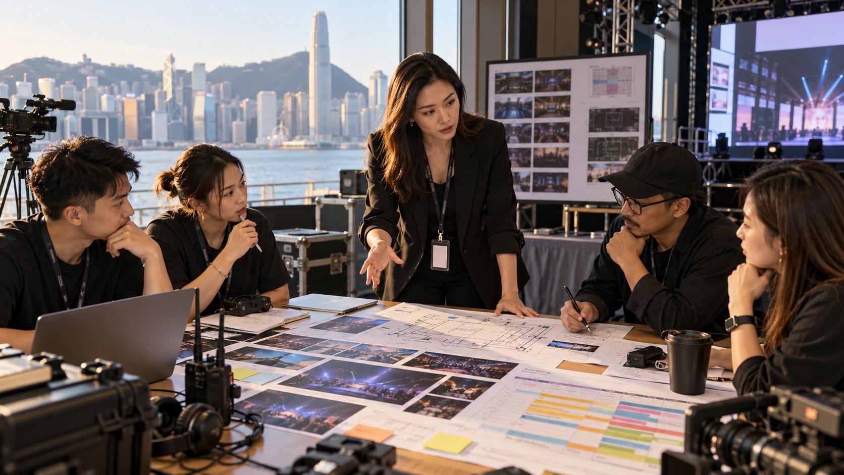 Asian event producer leading a corporate live stream pre-production meeting