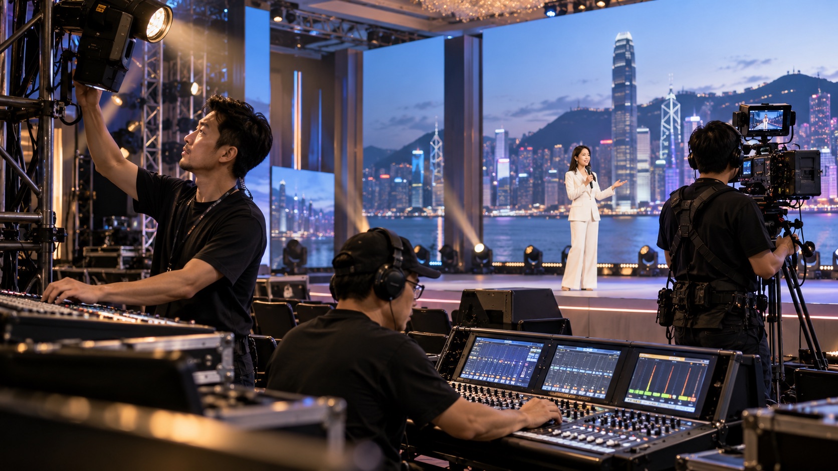 Asian production crew rehearsing sound lighting and cameras on a corporate stage