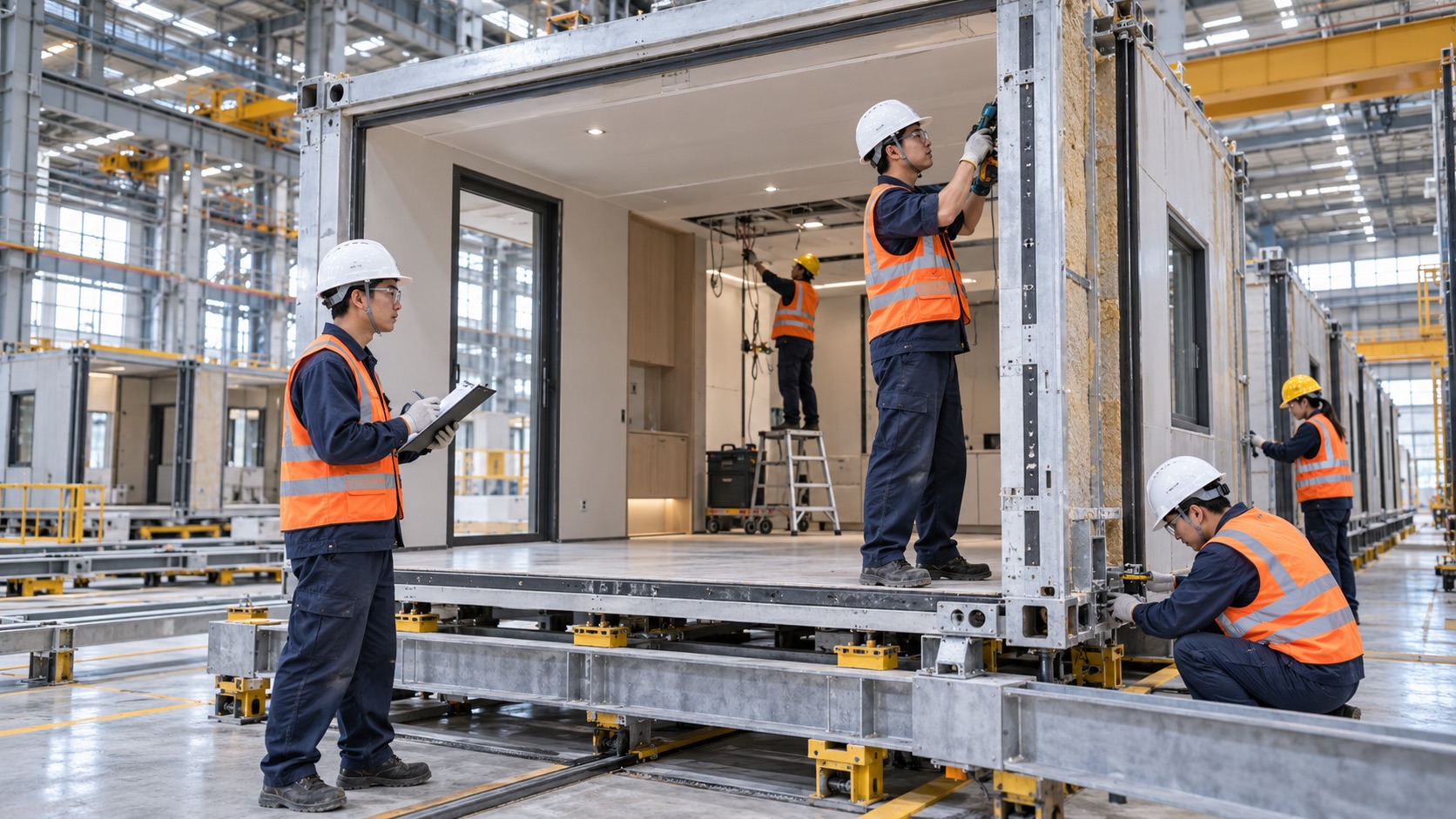 Asian technicians assembling a modular room in a factory