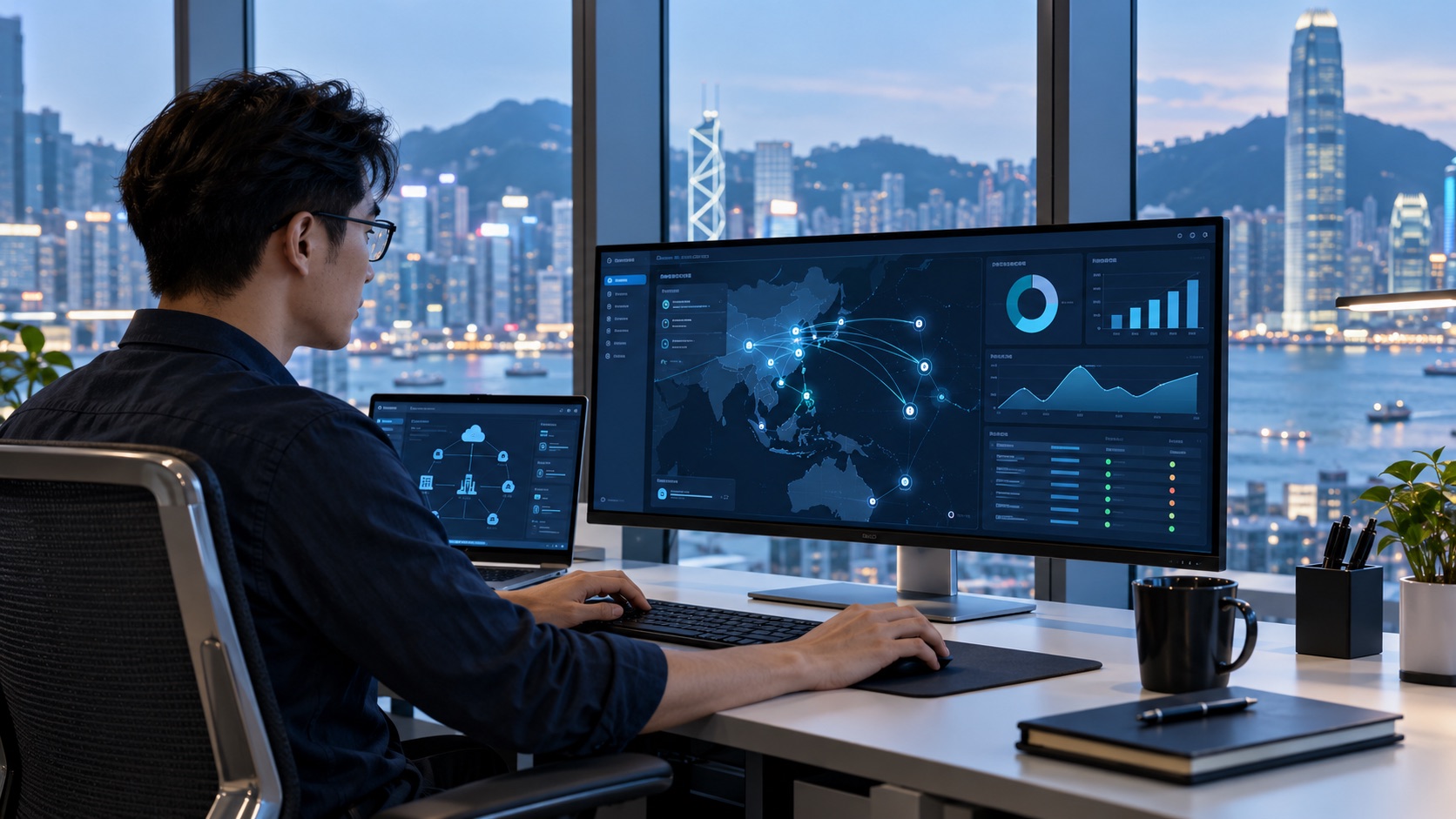 Asian network architect managing branch connectivity from a central console