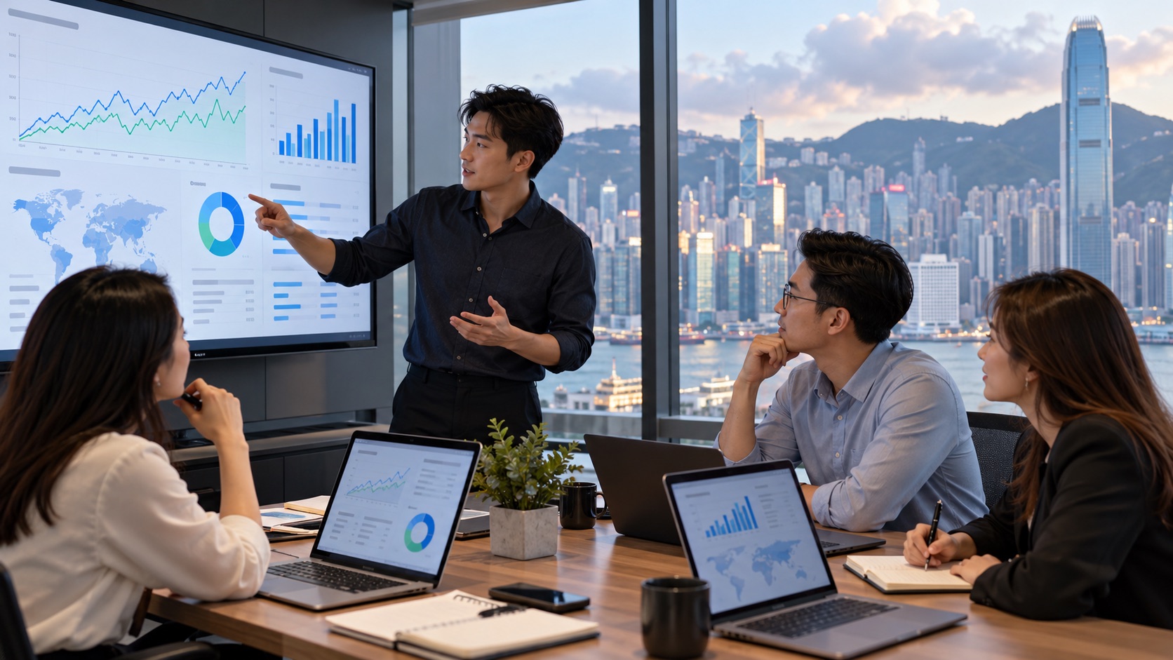 Asian marketing team reviewing organic search and content performance
