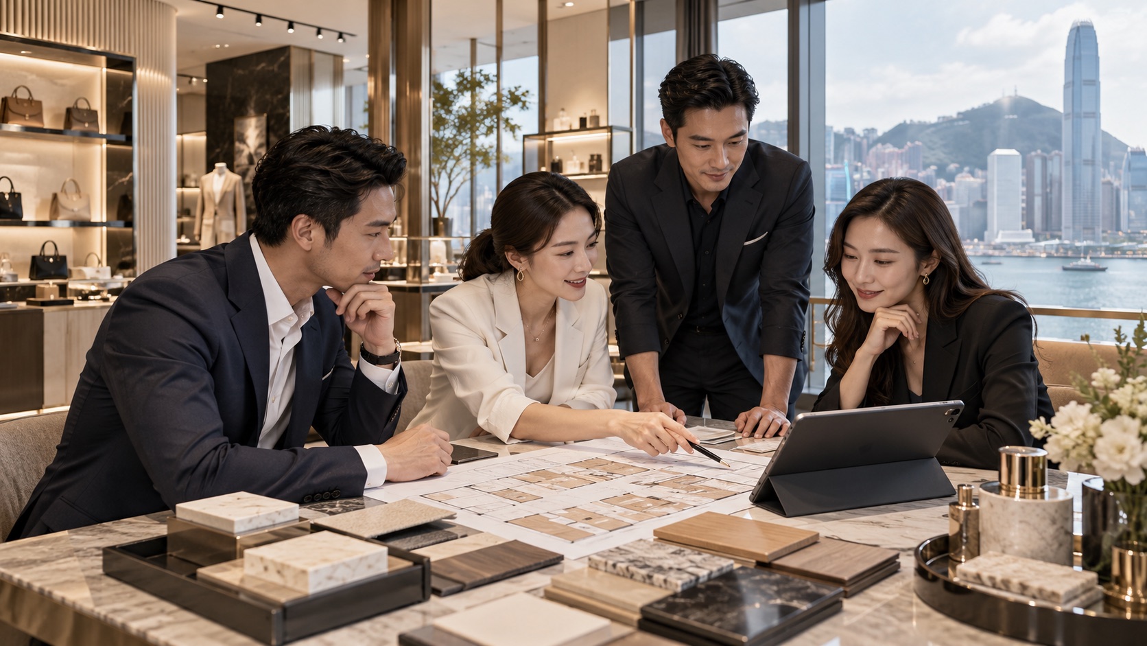 Asian franchise partners reviewing a premium retail concept in Hong Kong