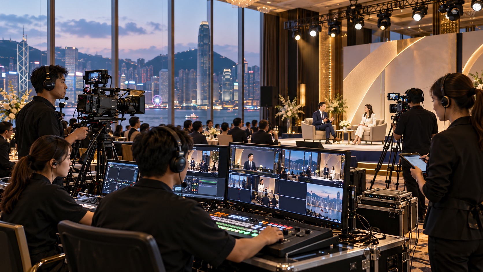 Asian production team managing a corporate live stream event in Hong Kong